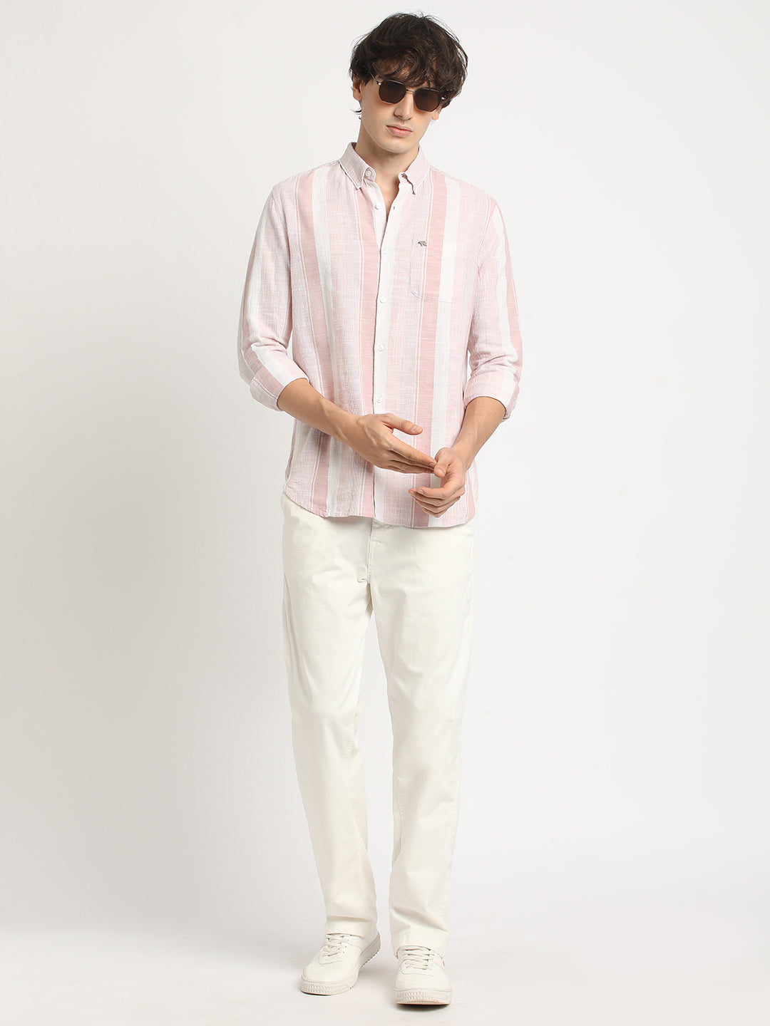 Men Pink Striped Slim Fit Cotton Casual Shirt