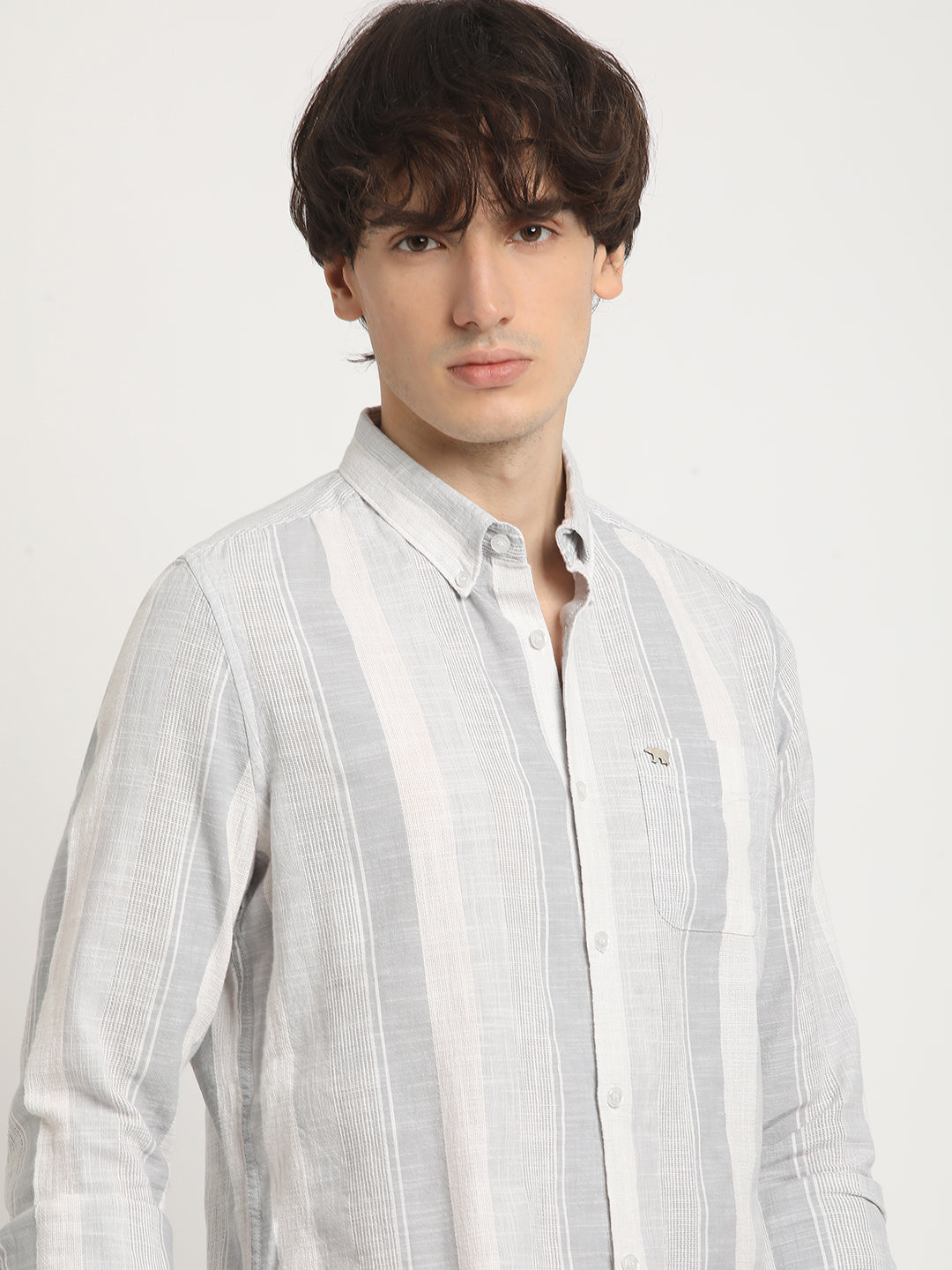 Men Grey Striped Slim Fit Cotton Casual Shirt