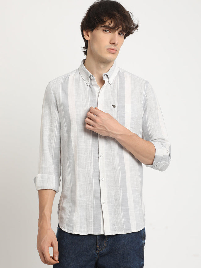 Men Grey Striped Slim Fit Cotton Casual Shirt
