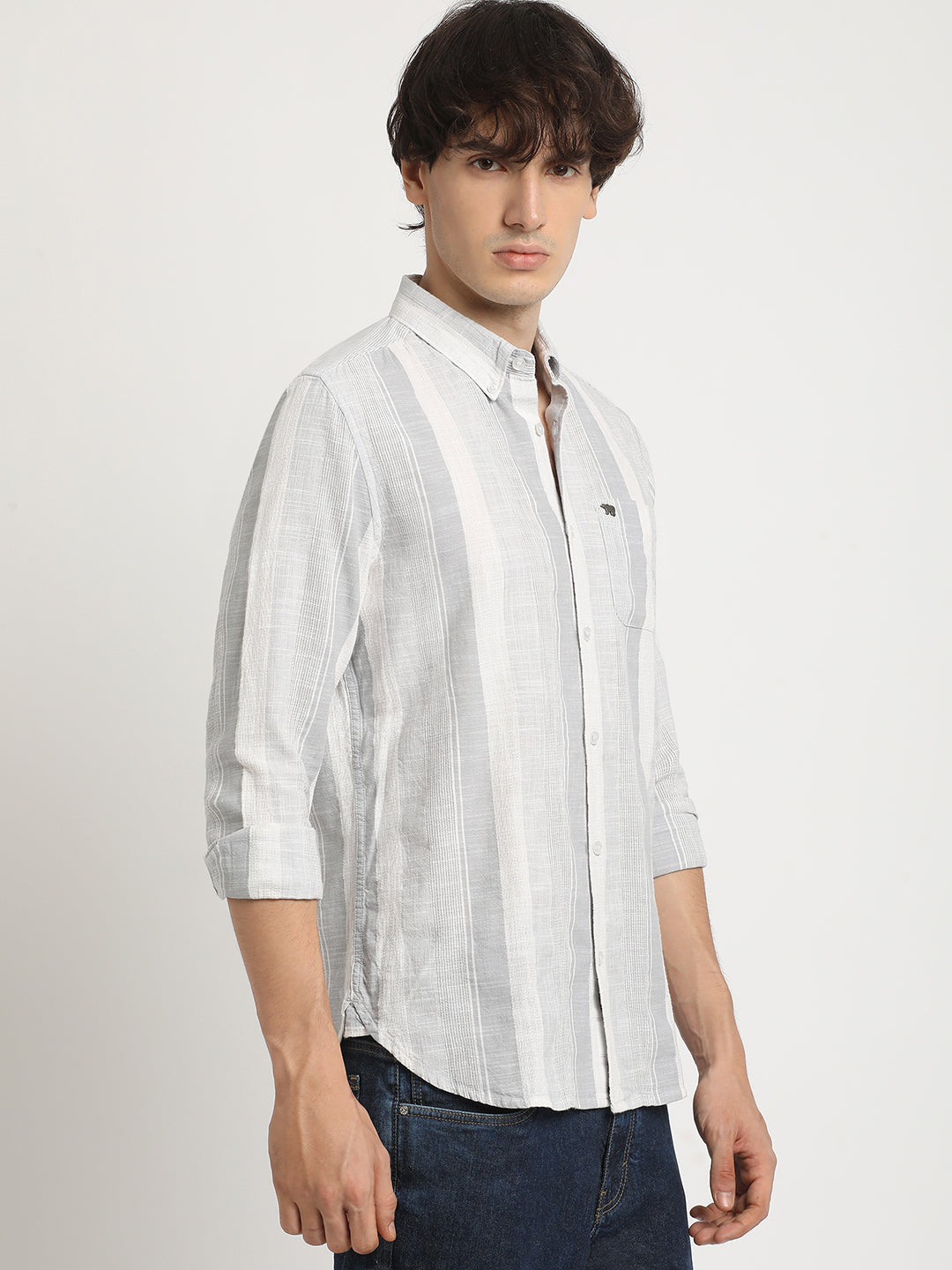 Men Grey Striped Slim Fit Cotton Casual Shirt