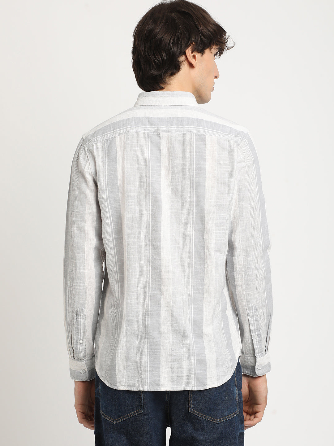 Men Grey Striped Slim Fit Cotton Casual Shirt