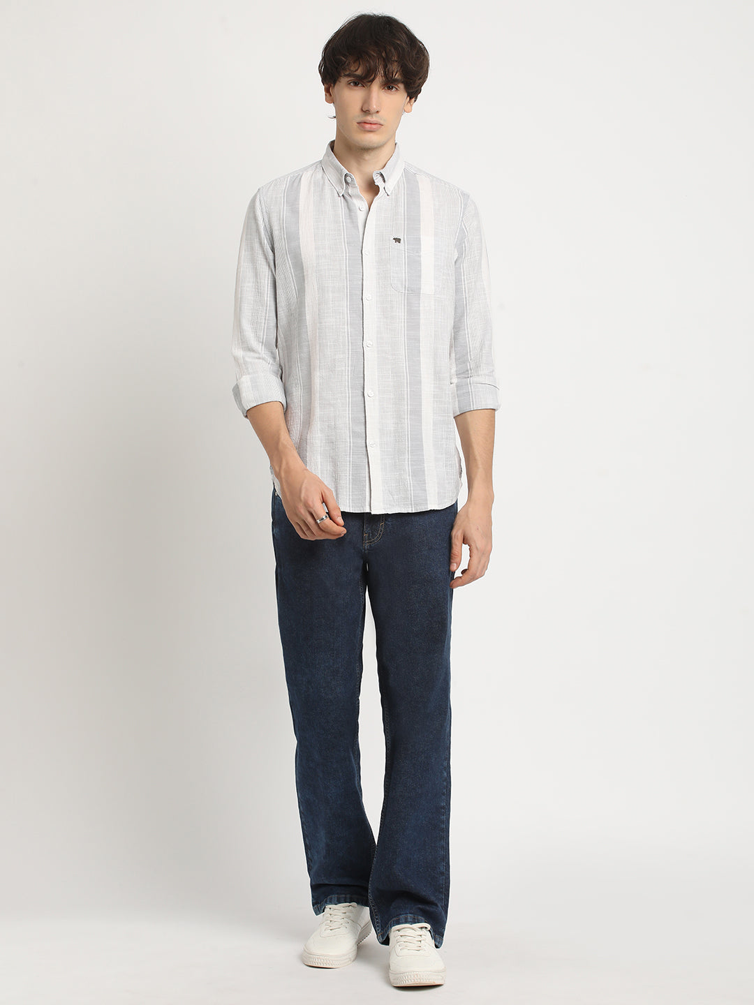 Men Grey Striped Slim Fit Cotton Casual Shirt