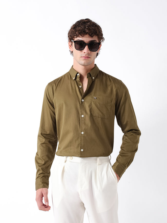 Men Olive Cotton Solid Shirt