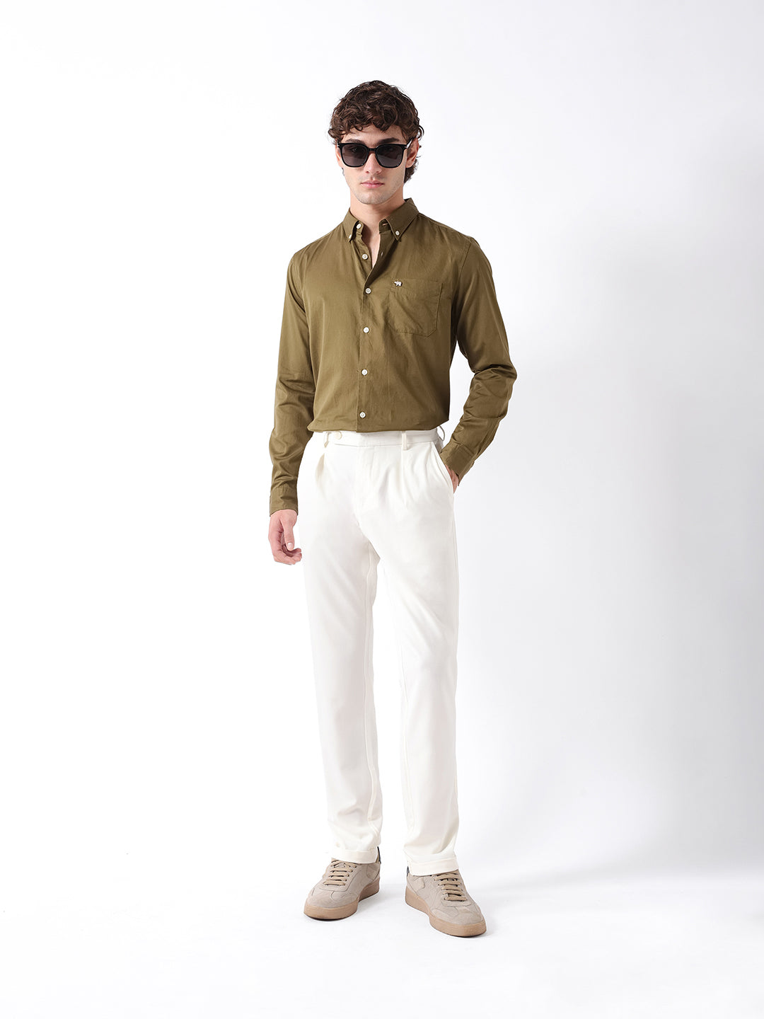 Men Olive Cotton Solid Shirt