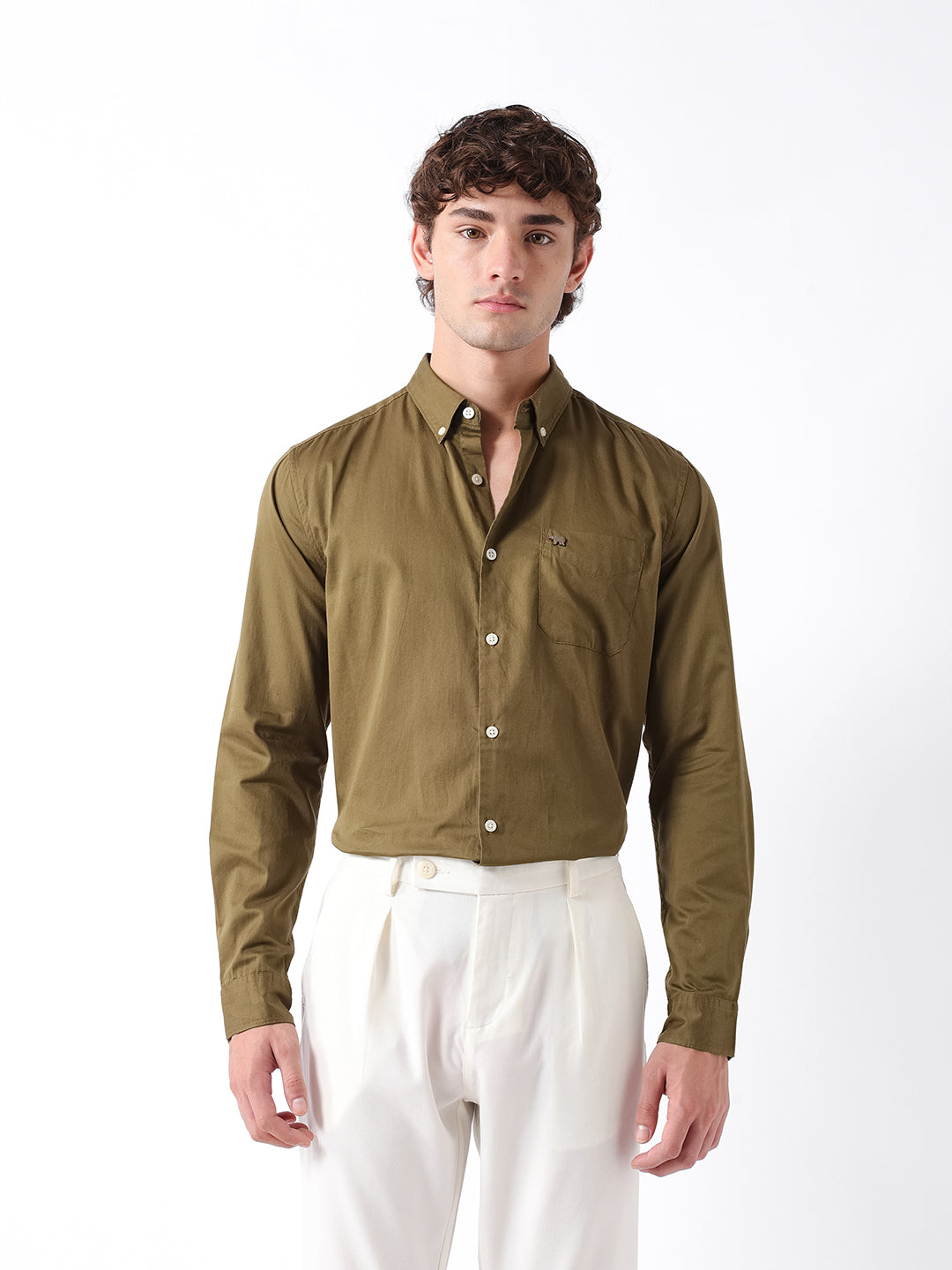 Men Olive Cotton Solid Shirt
