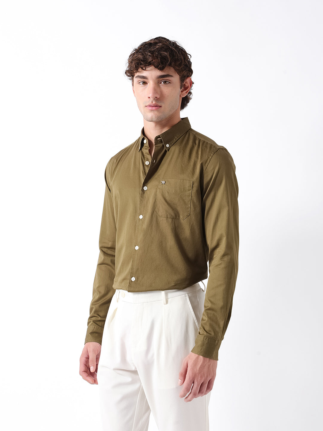 Men Olive Cotton Solid Shirt