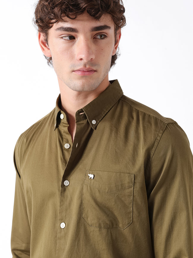 Men Olive Cotton Solid Shirt
