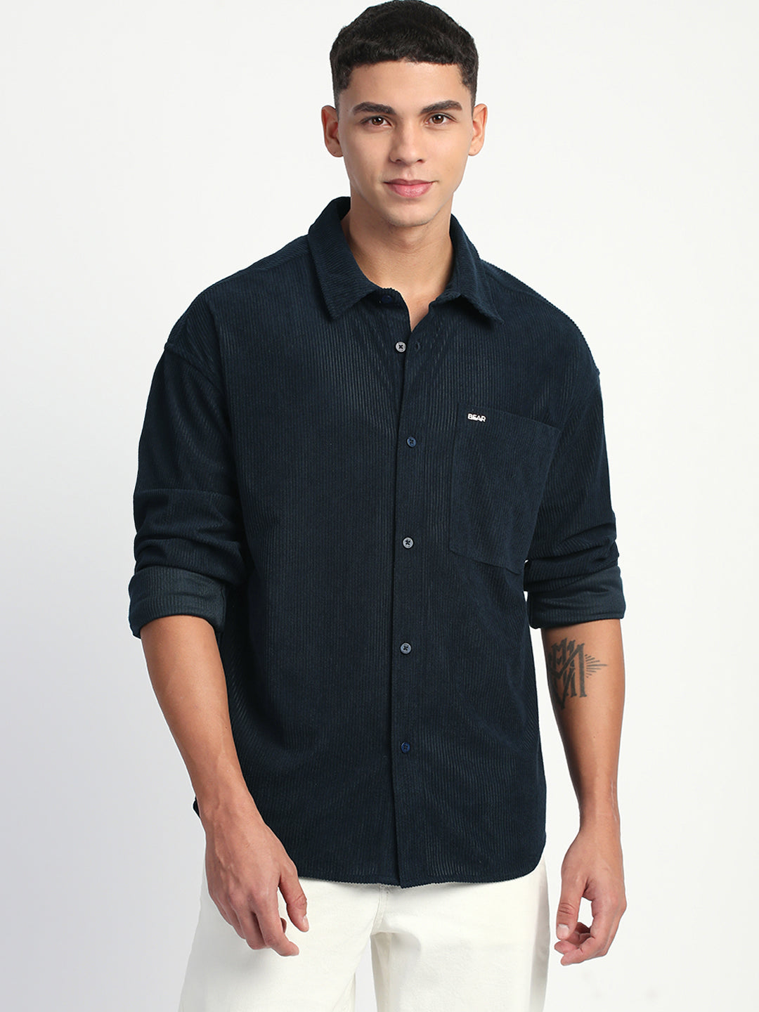 Men Navy Corduroy Relax Fit Casual Shirt