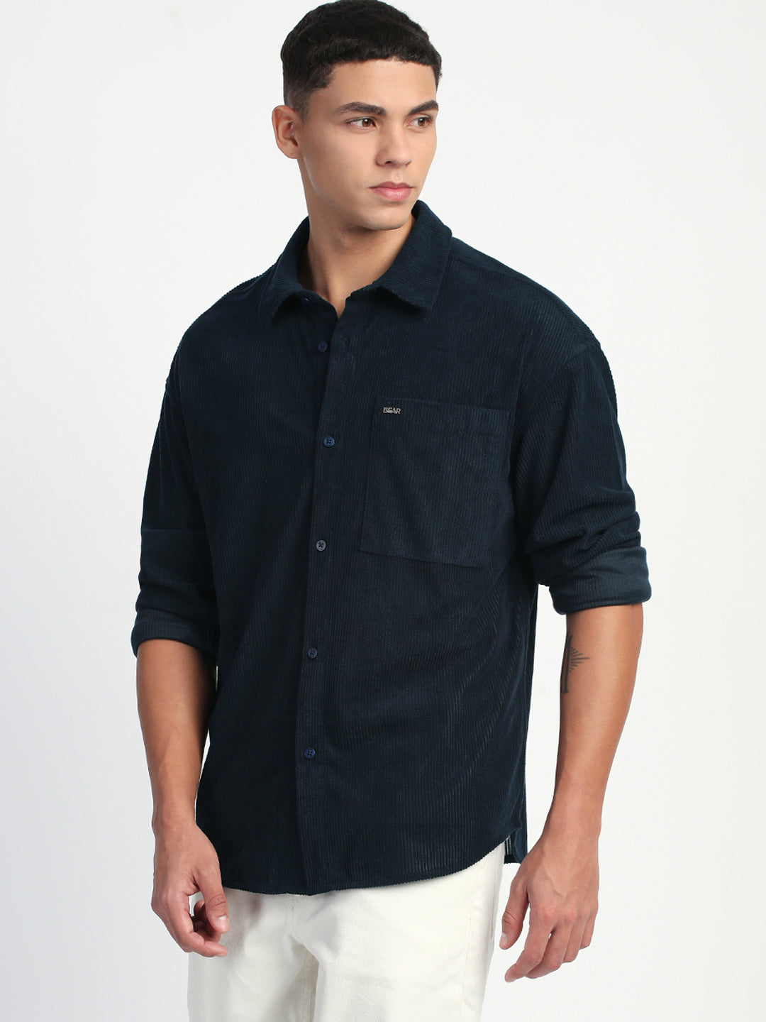Men Navy Corduroy Relax Fit Casual Shirt