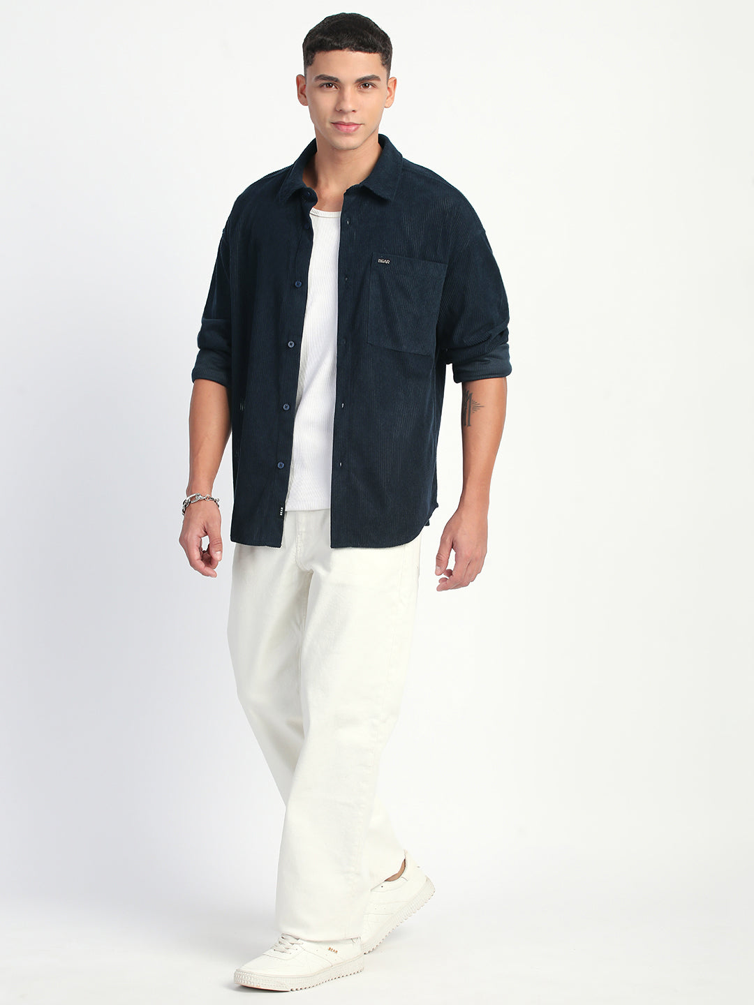 Men Navy Corduroy Relax Fit Casual Shirt