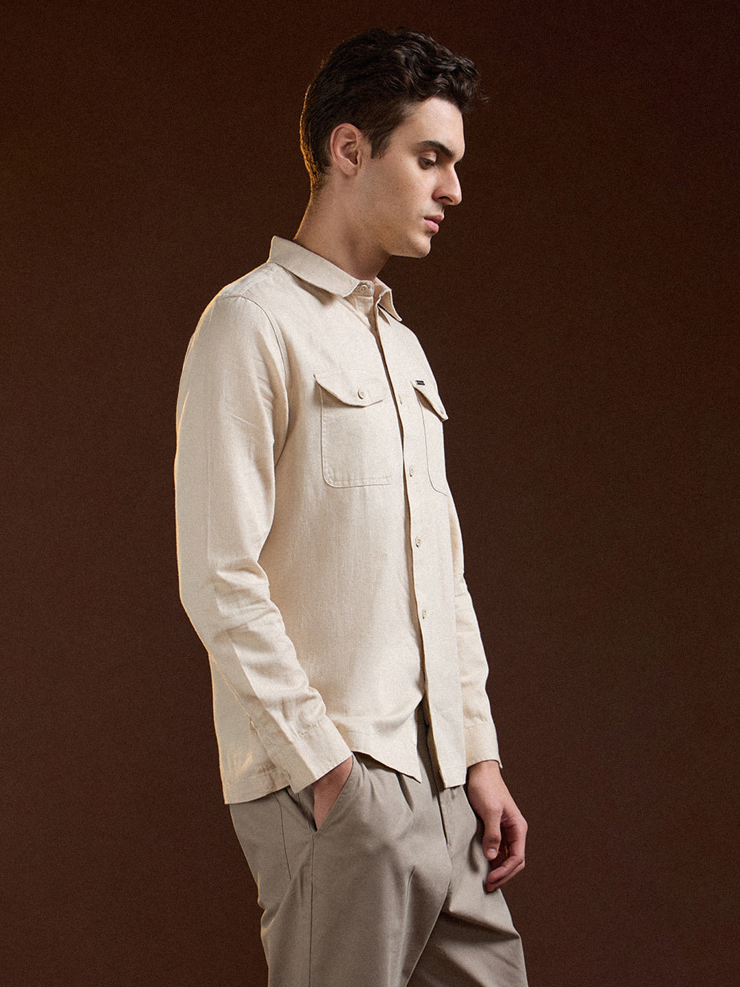 Men Beige Solid Slim Fit Casual Shirt