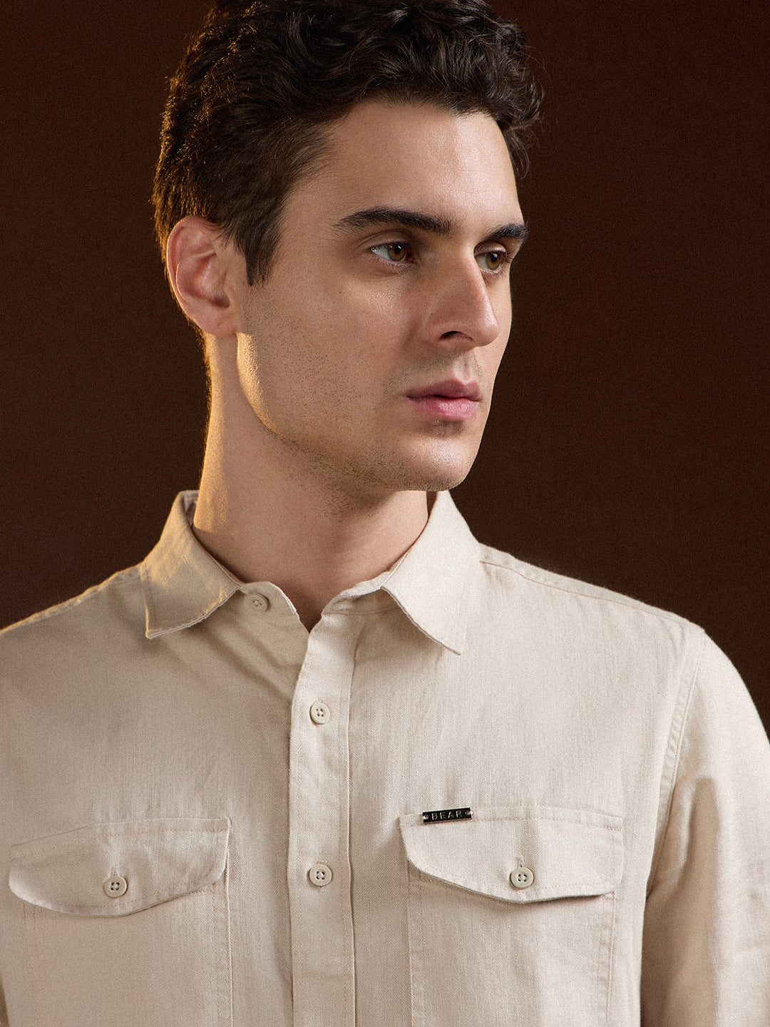 Men Beige Solid Slim Fit Casual Shirt