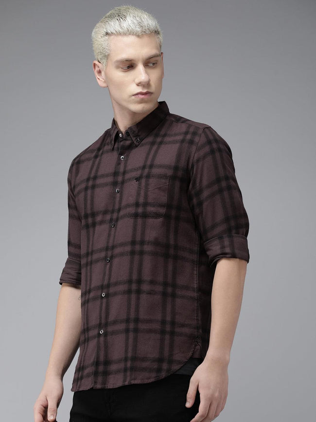 Men Alize Maroon Checked Slim Fit Flannel Cotton Casual Shirt