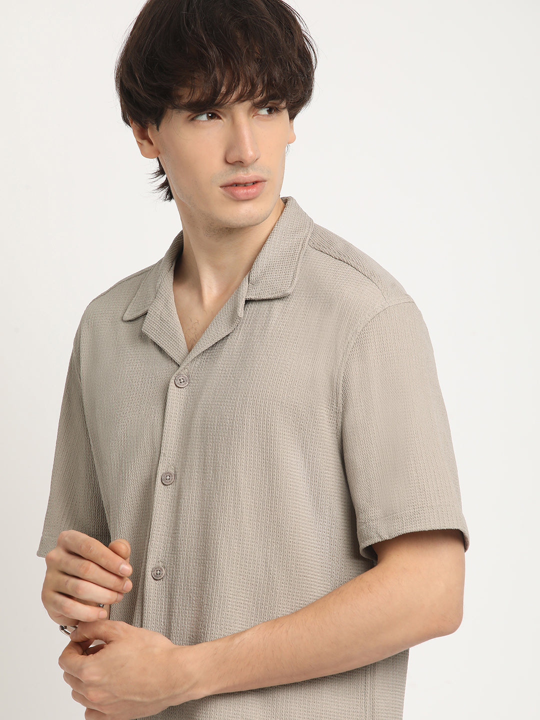 Men  Beige Self Design Regular Fit Casual Shirt