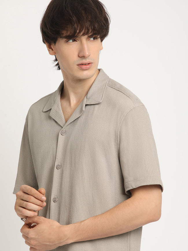 Men  Beige Self Design Regular Fit Casual Shirt