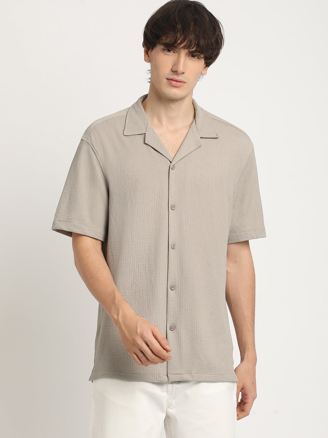 Men  Beige Self Design Regular Fit Casual Shirt
