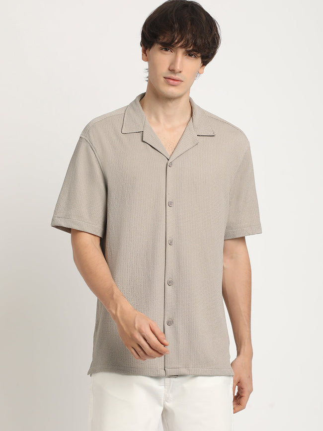 Men  Beige Self Design Regular Fit Casual Shirt
