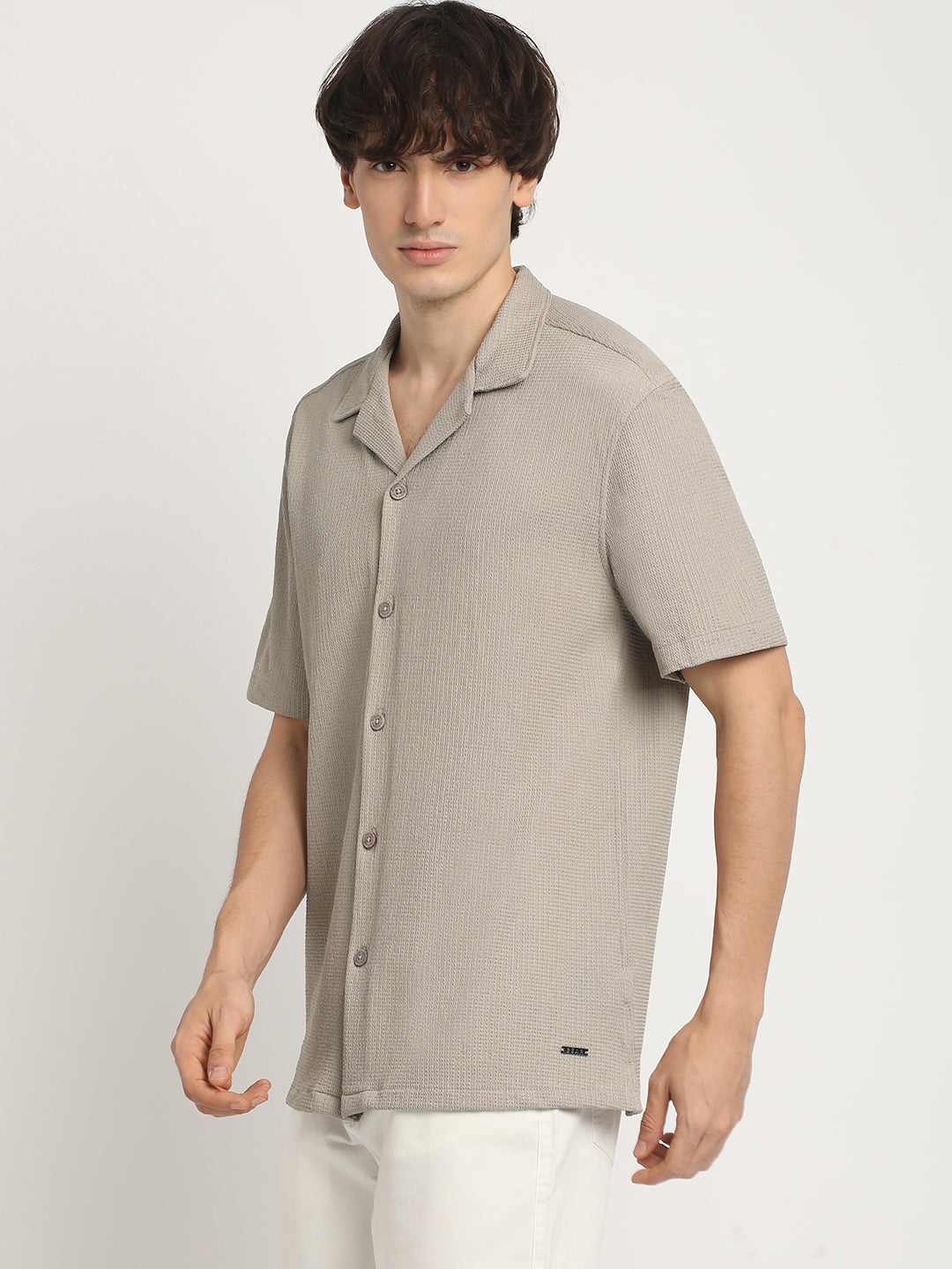 Men  Beige Self Design Regular Fit Casual Shirt