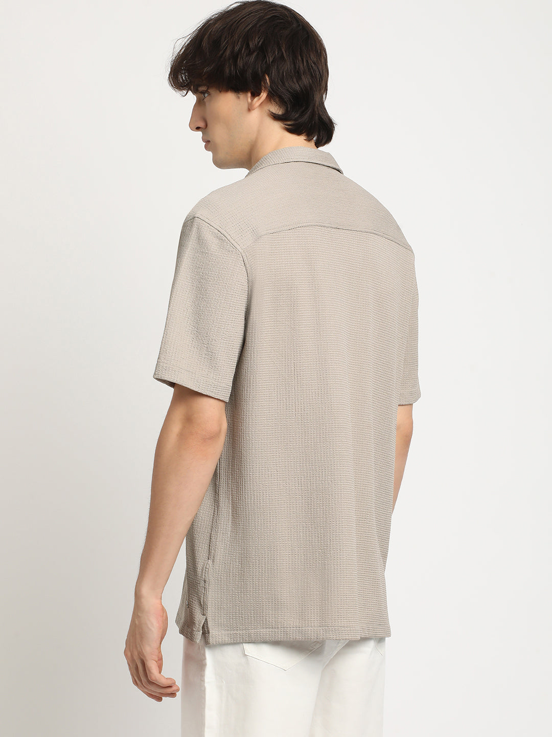 Men  Beige Self Design Regular Fit Casual Shirt