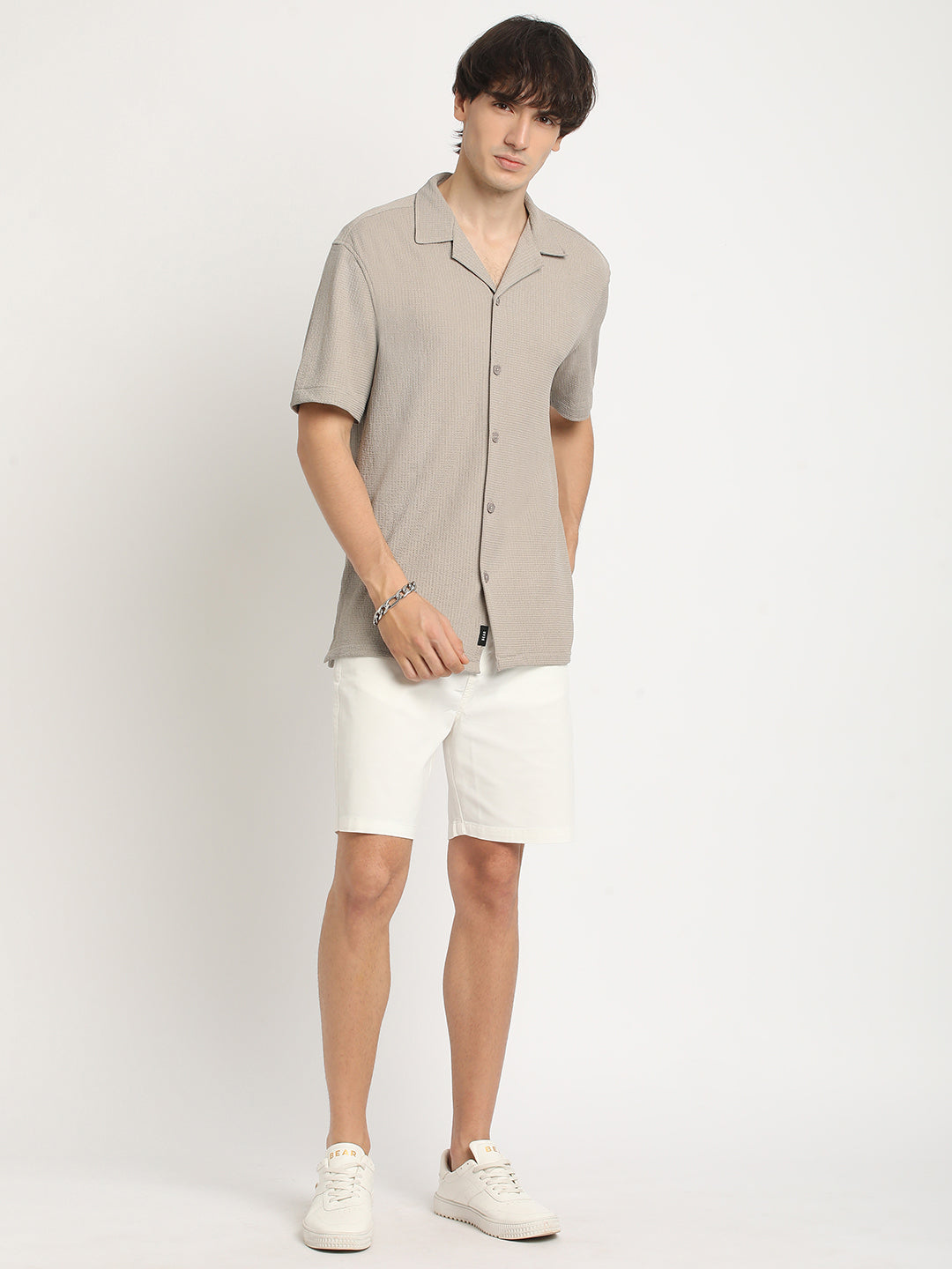 Men  Beige Self Design Regular Fit Casual Shirt