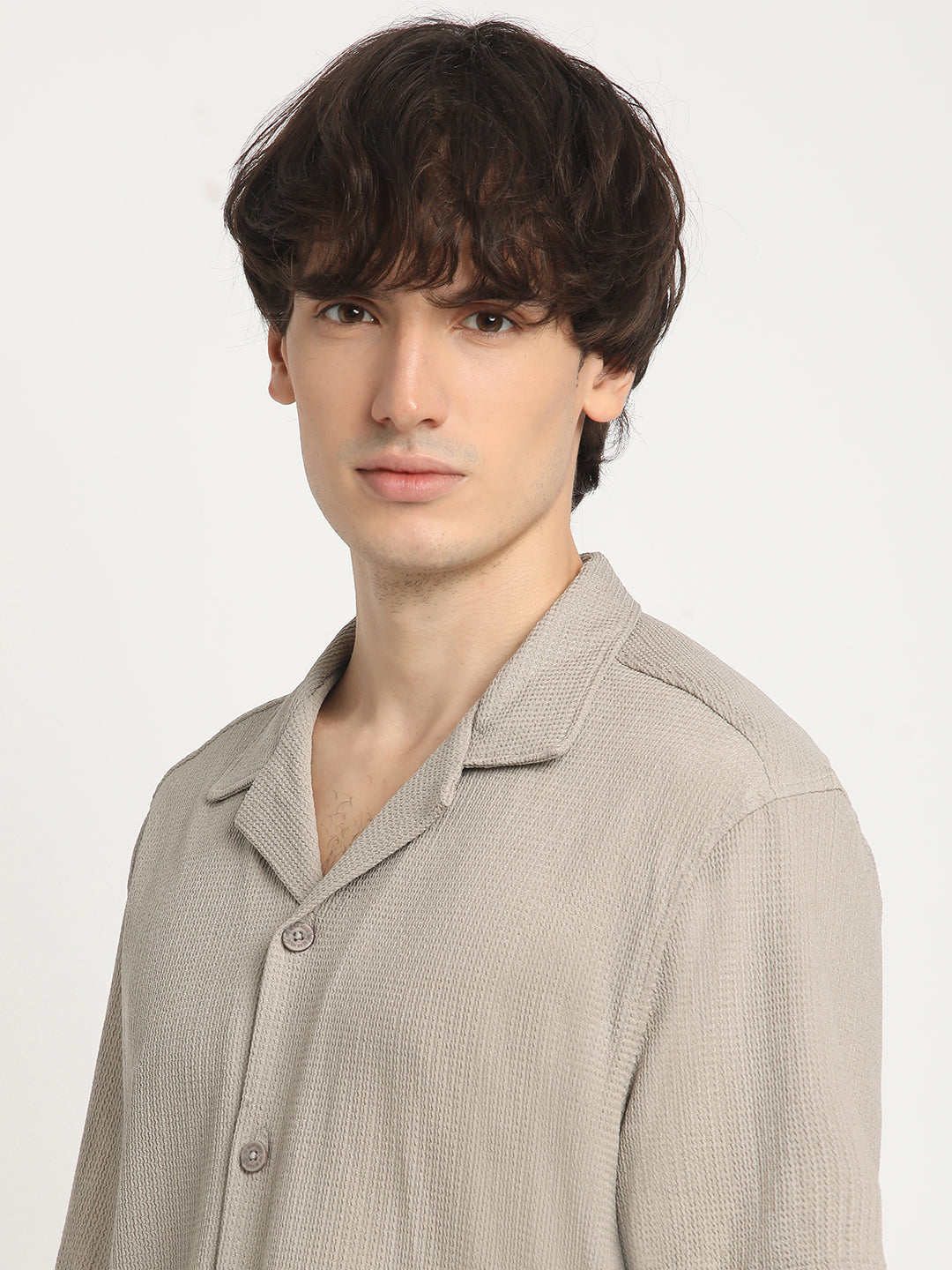 Men  Beige Self Design Regular Fit Casual Shirt