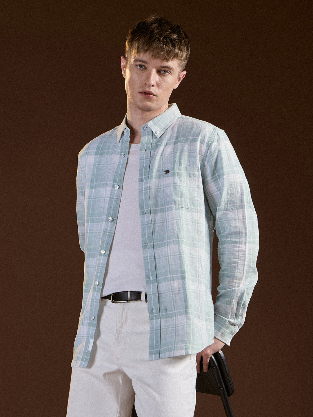 Men Light Green Checked Slim Fit Casual Shirt