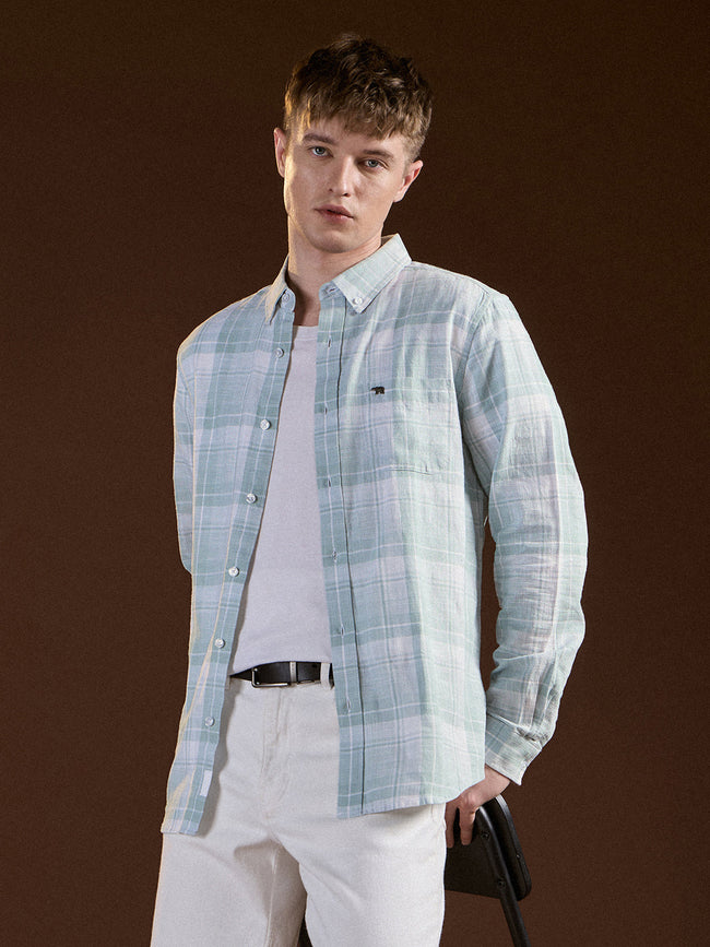 Men Light Green Checked Slim Fit Casual Shirt