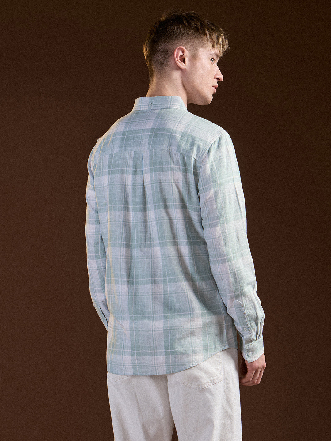 Men Light Green Checked Slim Fit Casual Shirt