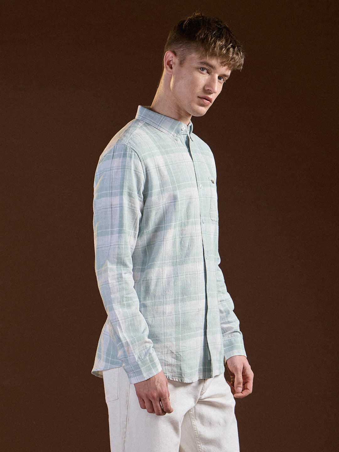 Men Light Green Checked Slim Fit Casual Shirt