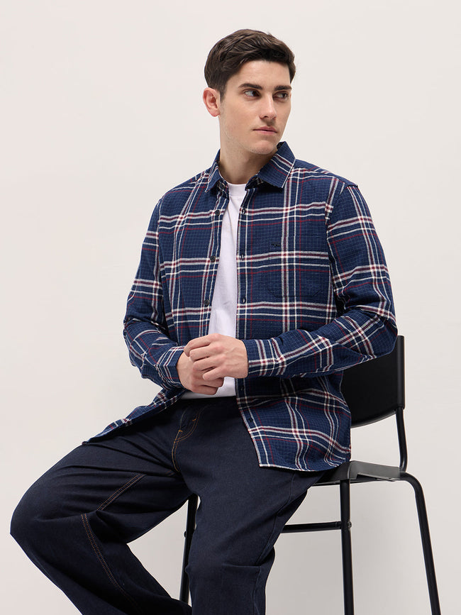 Men Navy Blue Checked Slim Fit Casual Shirt