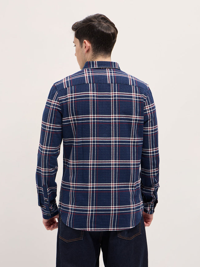 Men Navy Blue Checked Slim Fit Casual Shirt