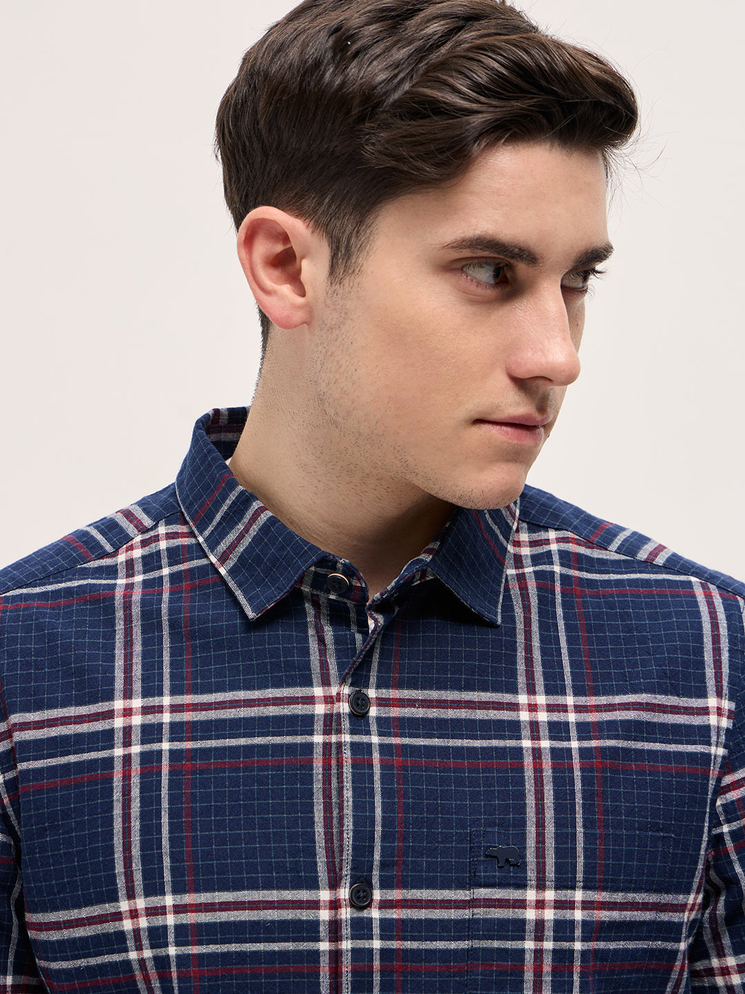 Men Navy Blue Checked Slim Fit Casual Shirt
