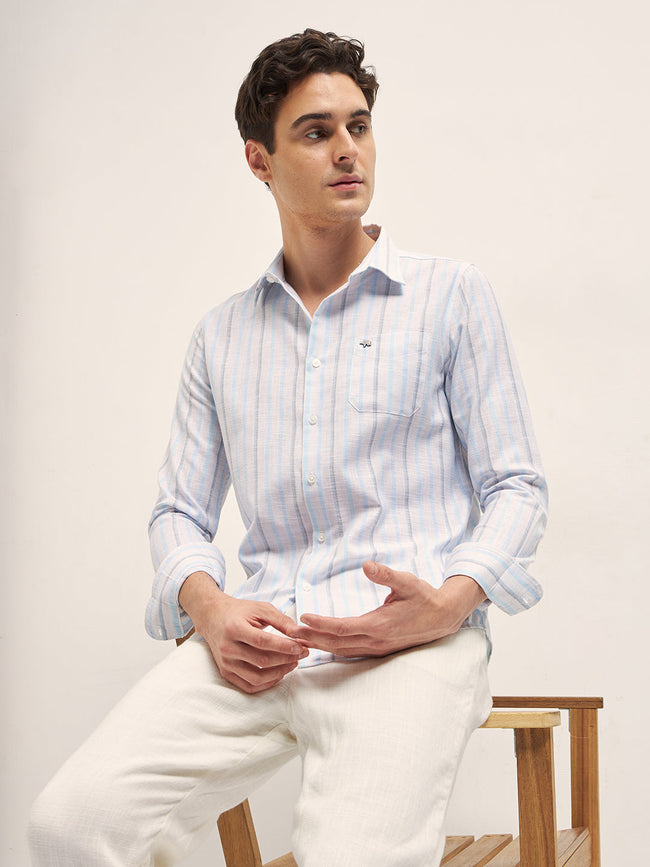 Men Blue Vertical Stripes Slim Fit Casual Shirt