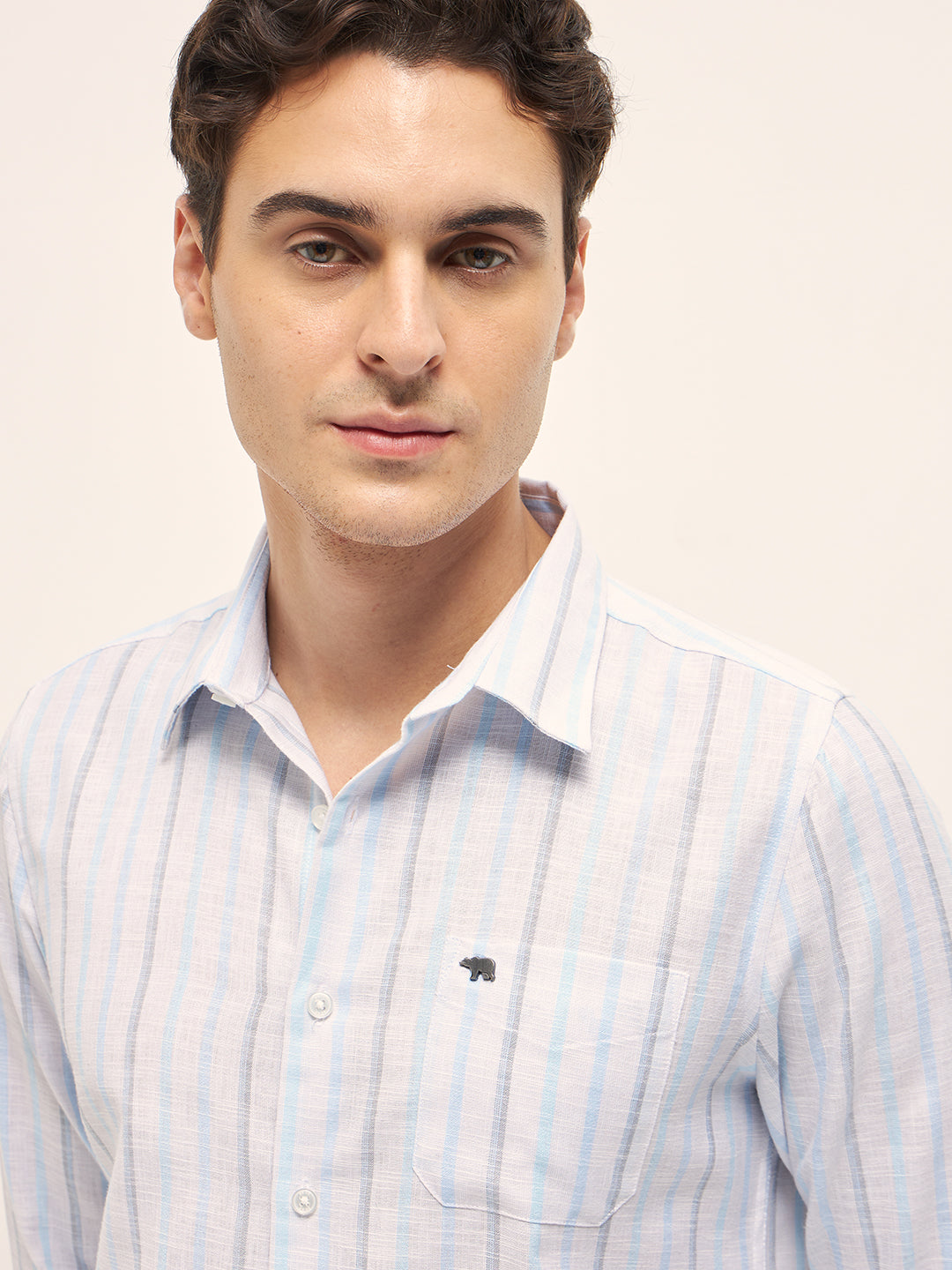 Men Blue Vertical Stripes Slim Fit Casual Shirt