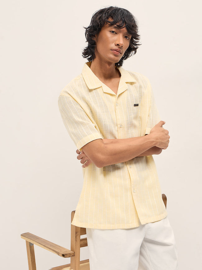 Men Light Yellow Vertical Textured Stripe Relaxed Fit Half Sleeve Casual Shirt