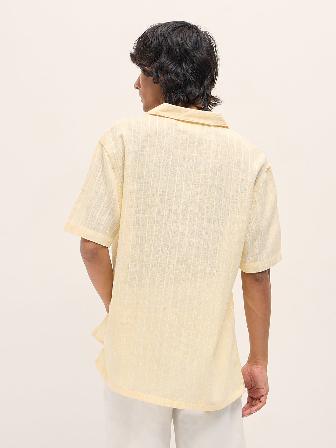 Men Light Yellow Vertical Textured Stripe Relaxed Fit Half Sleeve Casual Shirt