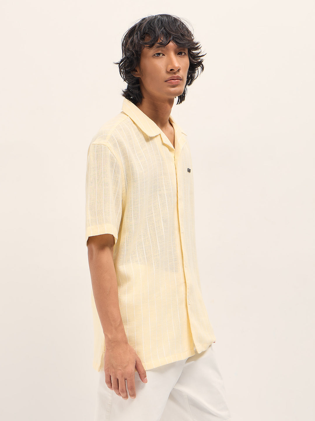 Men Light Yellow Vertical Textured Stripe Relaxed Fit Half Sleeve Casual Shirt