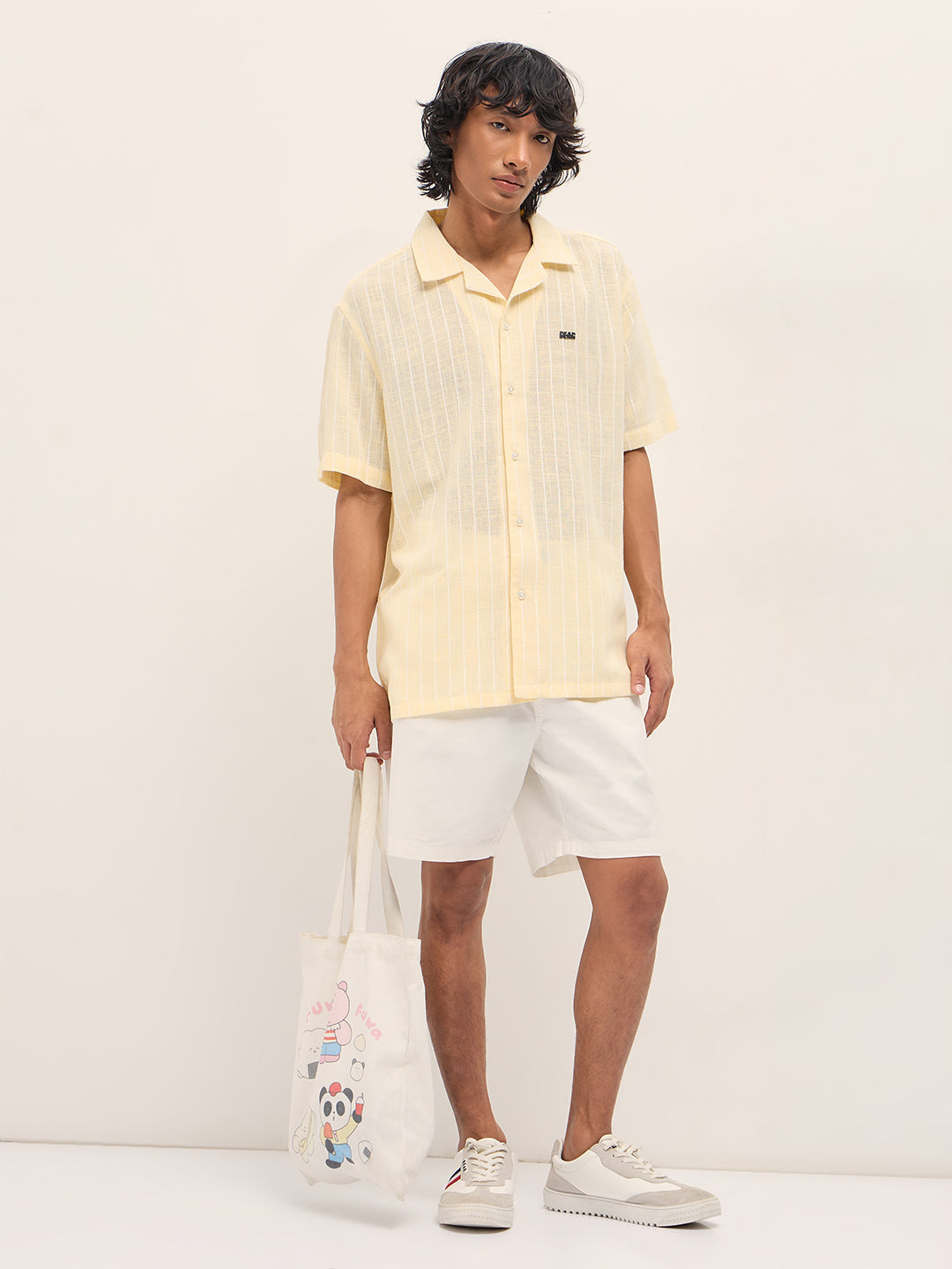 Men Light Yellow Vertical Textured Stripe Relaxed Fit Half Sleeve Casual Shirt
