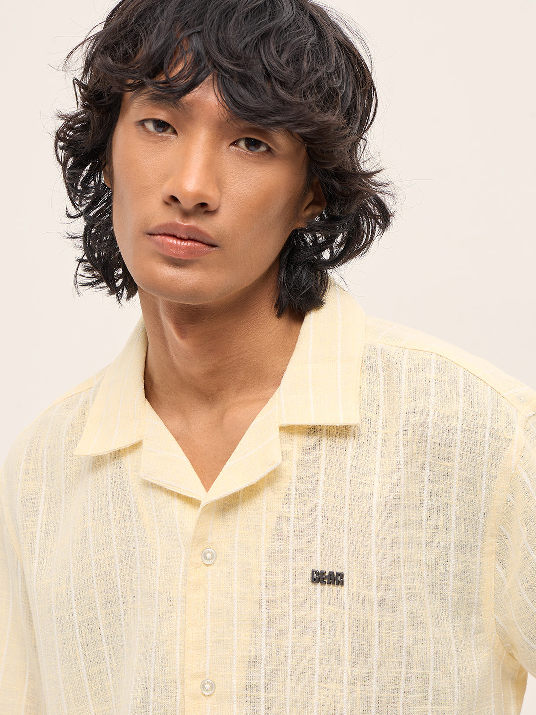 Men Light Yellow Vertical Textured Stripe Relaxed Fit Half Sleeve Casual Shirt