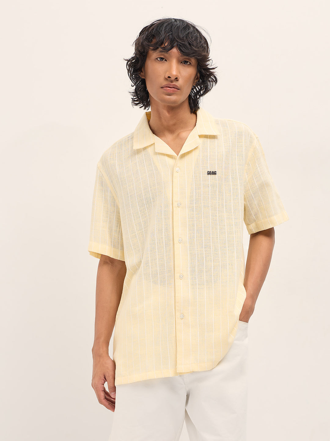 Men Light Yellow Vertical Textured Stripe Relaxed Fit Half Sleeve Casual Shirt