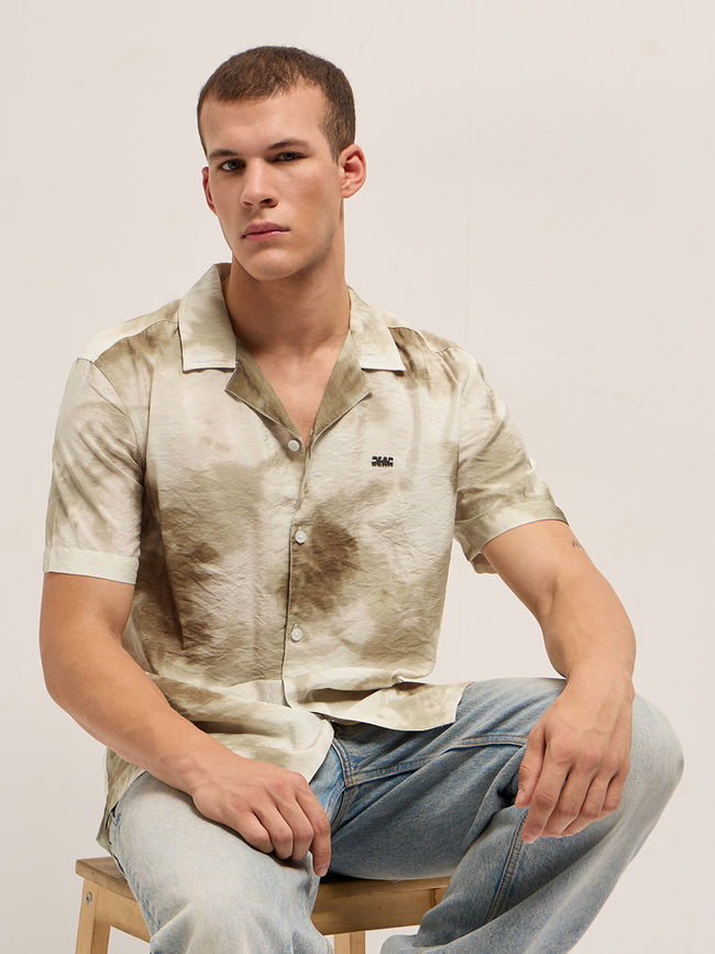 Men Beige Faded Abstract Print Relaxed Fit Cuban Collar Shirt