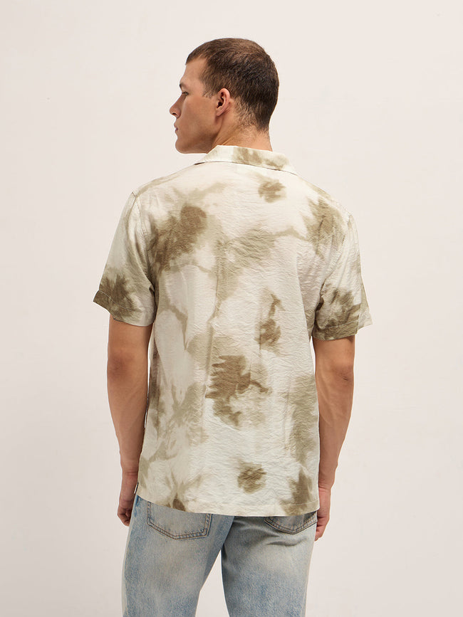 Men Beige Faded Abstract Print Relaxed Fit Cuban Collar Shirt