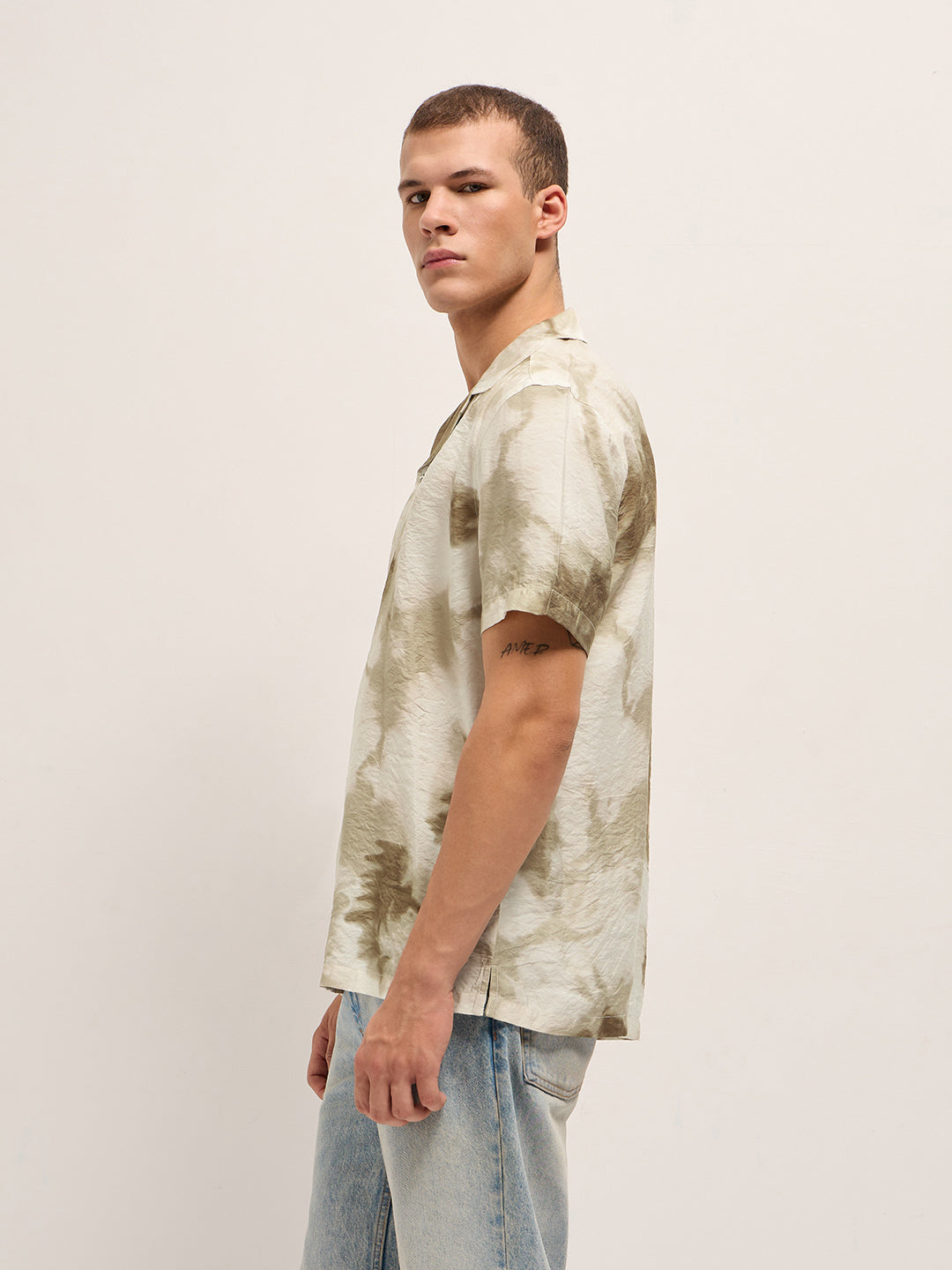 Men Beige Faded Abstract Print Relaxed Fit Cuban Collar Shirt
