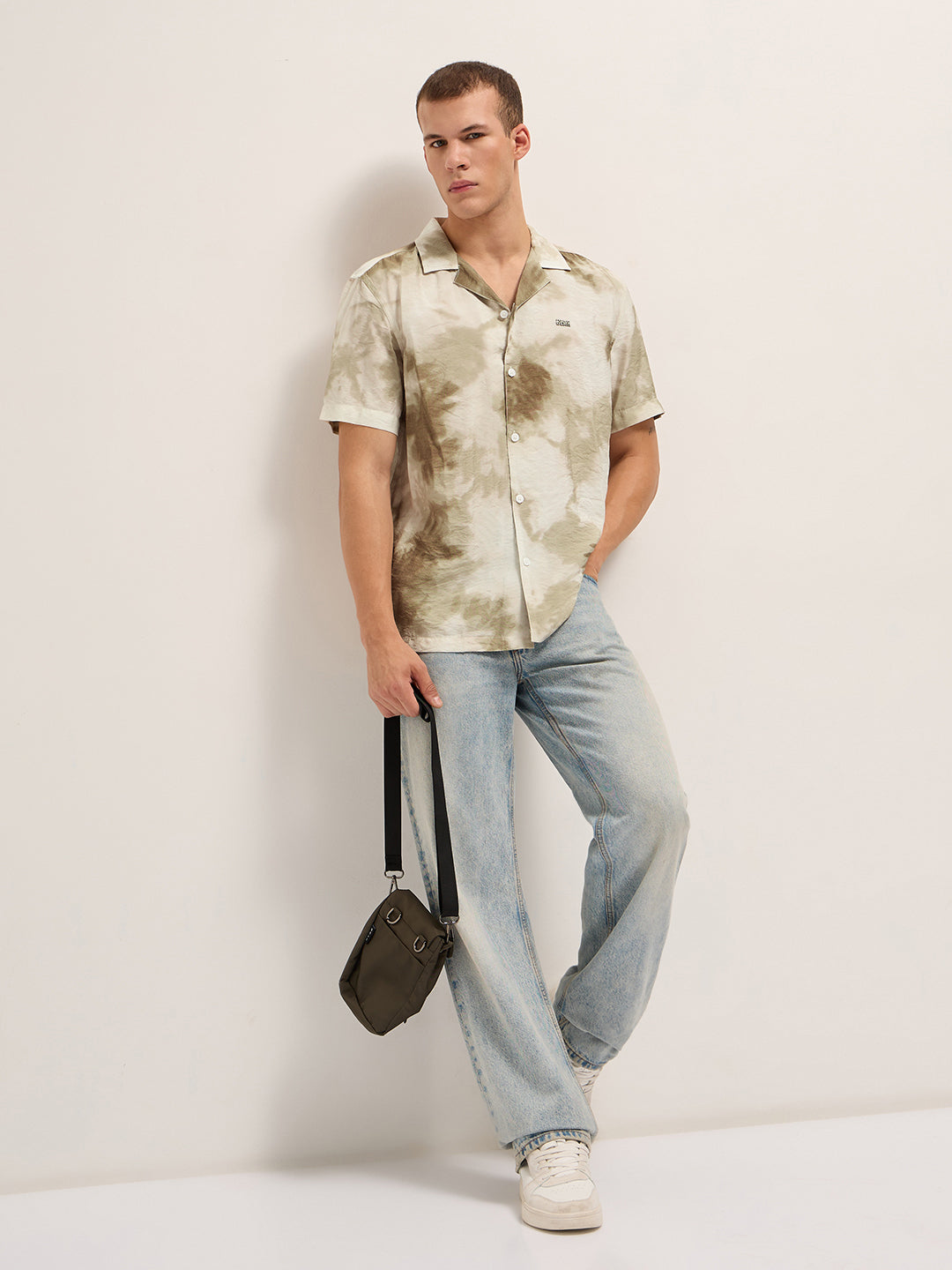 Men Beige Faded Abstract Print Relaxed Fit Cuban Collar Shirt
