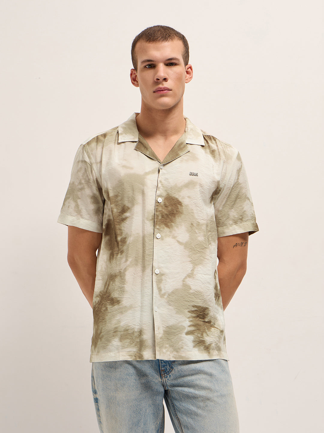 Men Beige Faded Abstract Print Relaxed Fit Cuban Collar Shirt