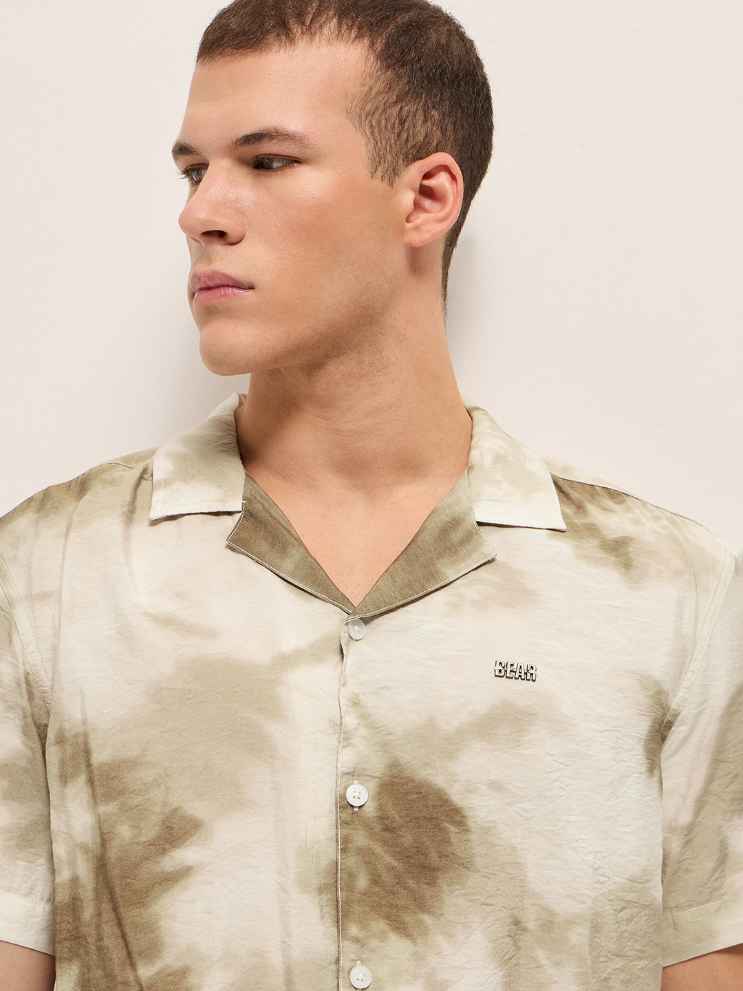 Men Beige Faded Abstract Print Relaxed Fit Cuban Collar Shirt