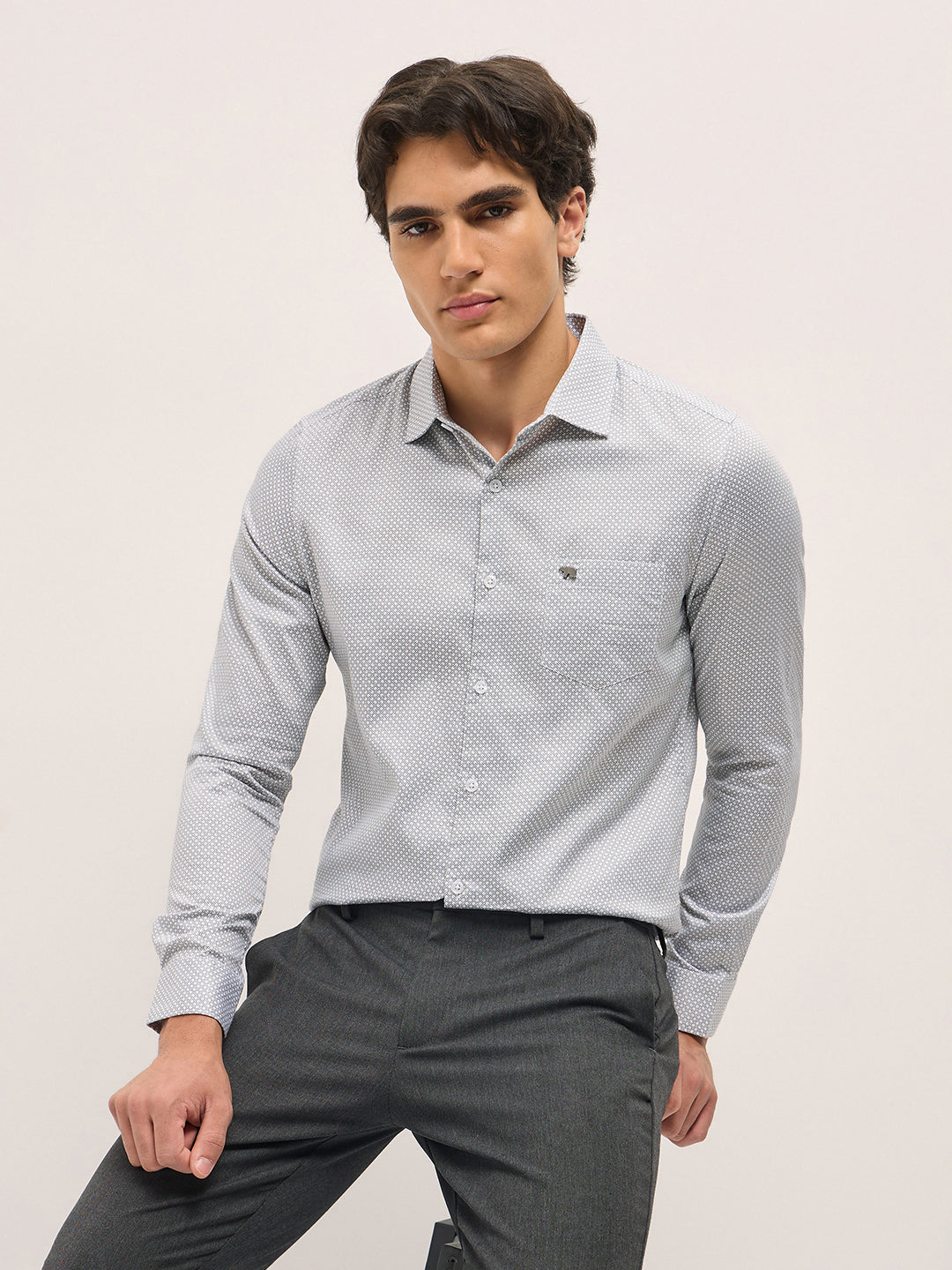 Men White Geometric Printed Tailored Fit Formal Shirt