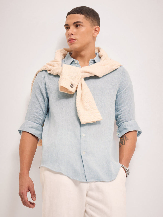Men Light Blue Solid Slim Fit Casual Shirt