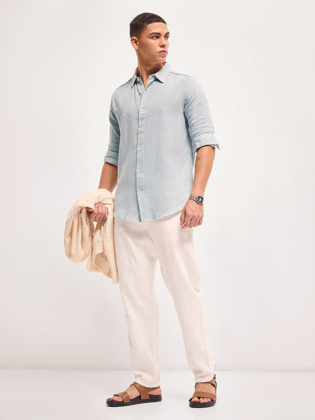 Men Light Blue Solid Slim Fit Casual Shirt