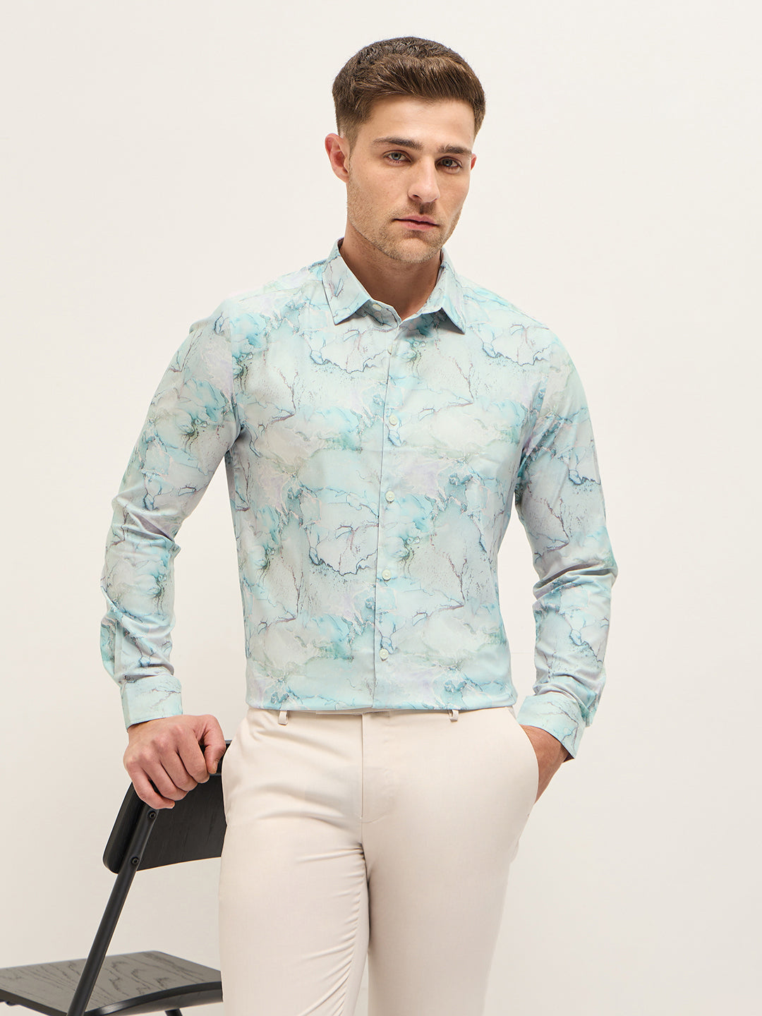 Men Shirt Multi-Color Marble Abstract Print Tailored Fit Formal Shirt